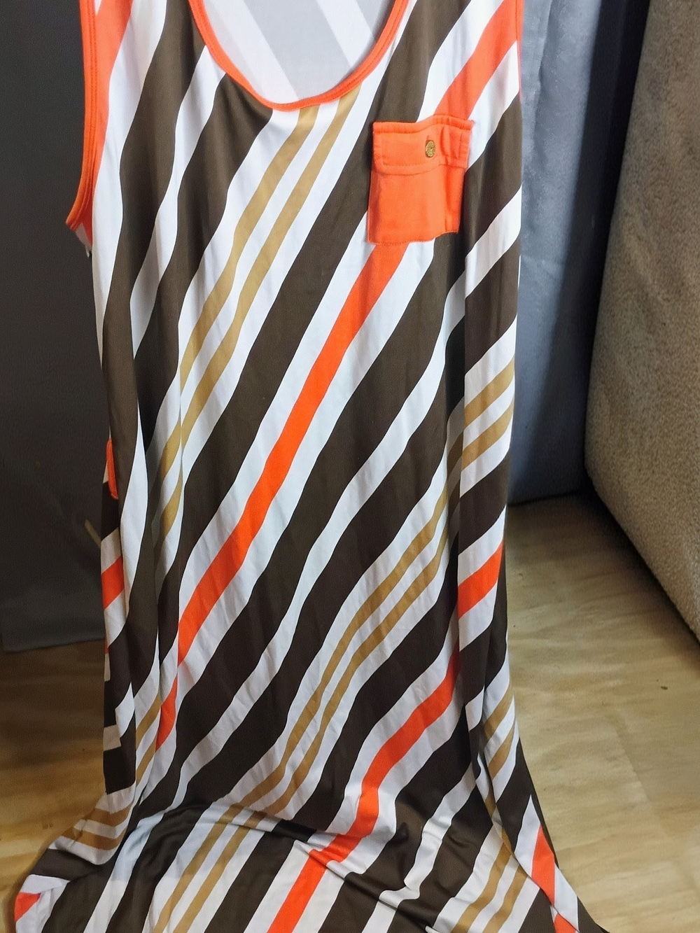 Sleeveless Striped Maxi Dress in Orange, Brown & White